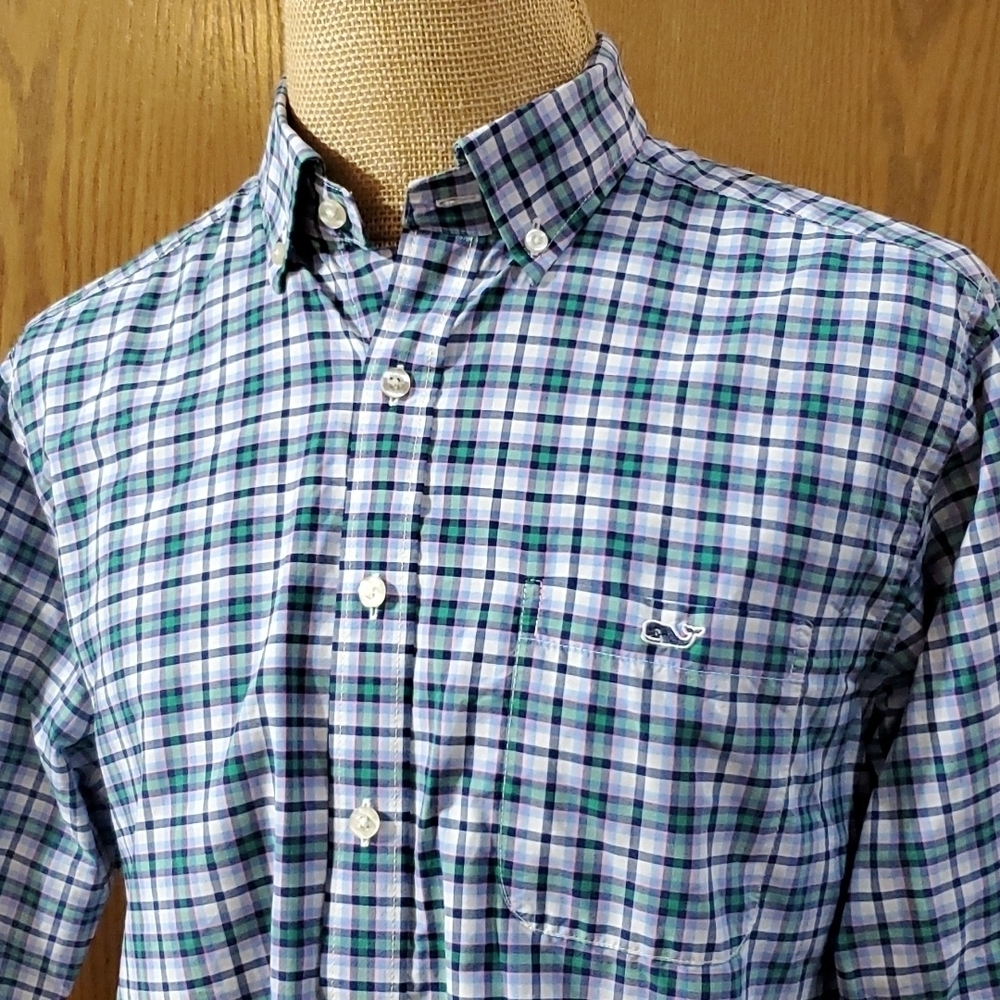 Vineyard Vines pink blue plaid slim fit tucker shirt long sleeve